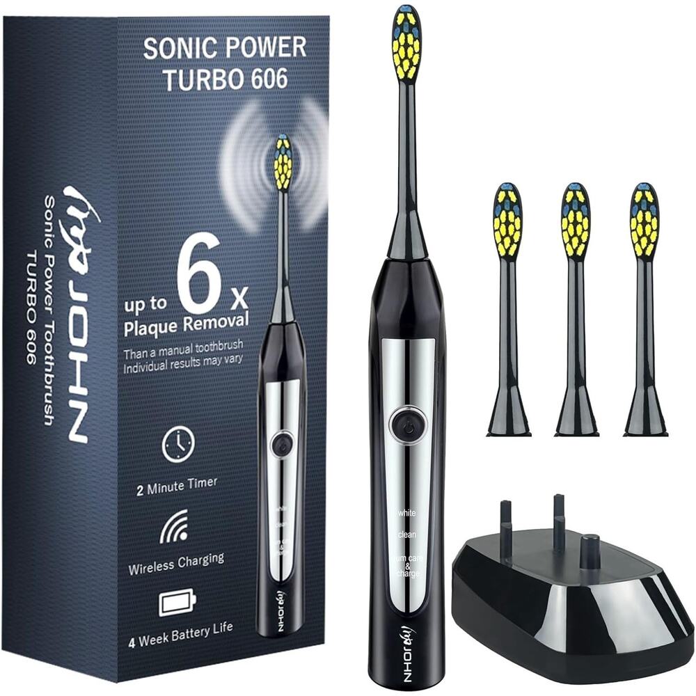 JOHN Sonic Electric Toothbrush 6X Cleaning Power Rechargeable Turbo 606 Blk NIB